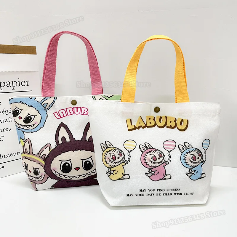 Kawaii Labubu Monster Canvas Tote Bag Simple Cartoon Shopping Bags Fashion Small Bags for Daily Folding Casual Handbag Pouch