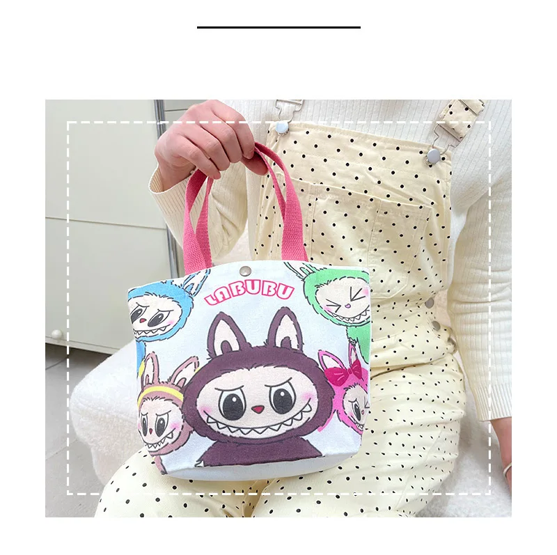 Kawaii Labubu Monster Canvas Tote Bag Simple Cartoon Shopping Bags Fashion Small Bags for Daily Folding Casual Handbag Pouch