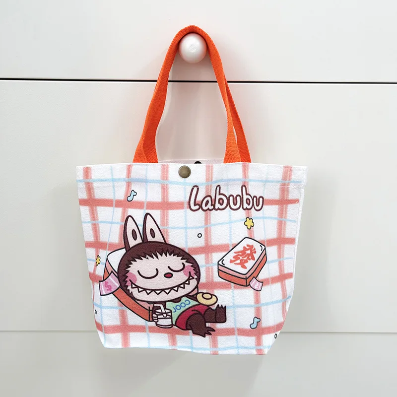 Kawaii Labubu Monster Canvas Tote Bag Simple Cartoon Shopping Bags Fashion Small Bags for Daily Folding Casual Handbag Pouch
