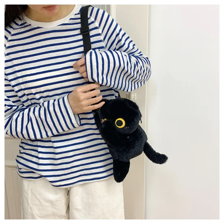 Black Cat Backpacks Big Eyes Kitten Doll Plush Kawaii Stuffed Animals Shoulder Bag Large-capacity Soft Toy Fashion Crossbody Bag