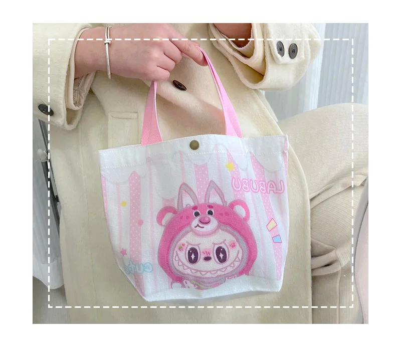 Kawaii Labubu Monster Canvas Tote Bag Simple Cartoon Shopping Bags Fashion Small Bags for Daily Folding Casual Handbag Pouch