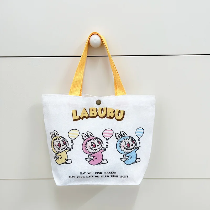 Kawaii Labubu Monster Canvas Tote Bag Simple Cartoon Shopping Bags Fashion Small Bags for Daily Folding Casual Handbag Pouch
