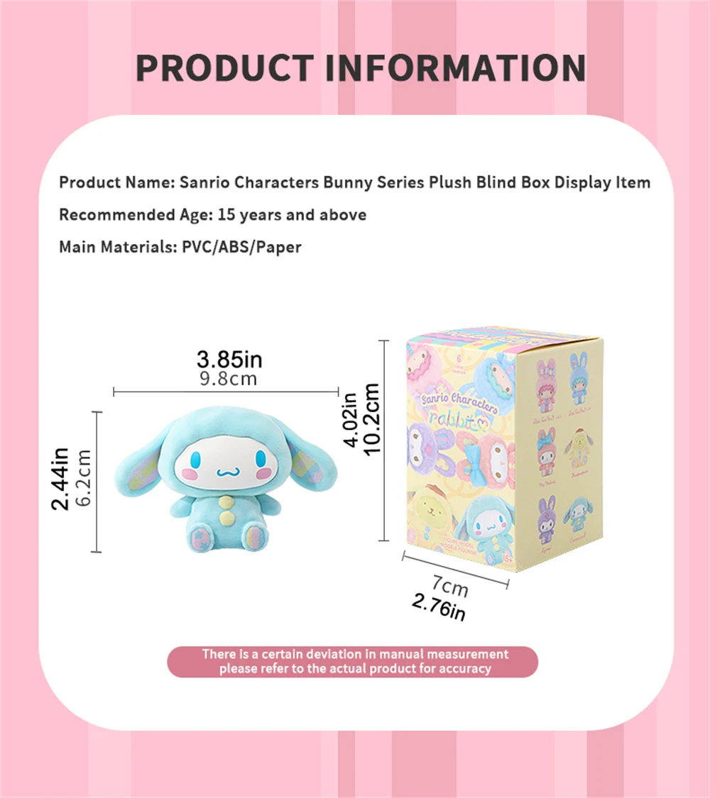Miniso Sanrio Plush Rabbit Blind Box Doll New Toy Cinnamon/Kuromi Figurine Doll Room Decoration Model Blind Box Gift Random 1PC